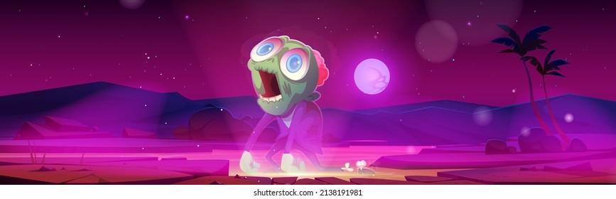 Zombie walking at midnight Halloween scene with creepy dead character rise from the grave. Cartoon eerie personage, monster with open brain, green skin, big eyes and open mouth, Vector illustration