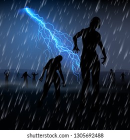 Zombie Walking at Night in a Rainy Weather. Silhouettes Illustration for Halloween Creative Poster