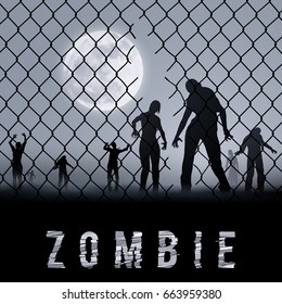 Zombie Walking at Night. Silhouettes Illustration for Halloween Poster