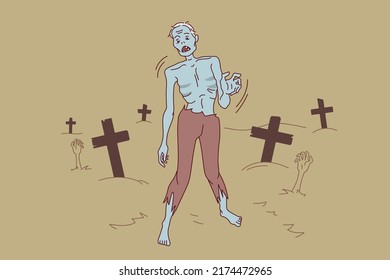 Zombie walking on cemetery at night. Creepy monster on Halloween outside. Walking dead. Vector illustration. 