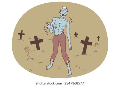 Zombie walking on cemetery at night. Creepy monster on Halloween outside. Walking dead. Vector illustration.