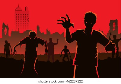 Zombie walking out from abandoned city. Silhouettes illustration for Halloween.