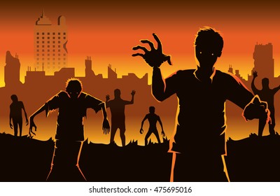 Zombie walking out from abandoned city. Silhouettes illustration about Halloween concept.