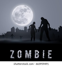 Zombie Walking out From Abandoned City at Night. Silhouettes Illustration for Halloween Poster