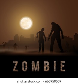 Zombie Walking out From Abandoned City. Silhouettes Illustration for Halloween Poster