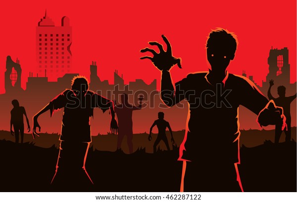 Zombie Walking Out Abandoned City Silhouettes Stock Vector (Royalty