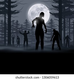 Zombie Walking out From Forest. Silhouettes Illustration for Halloween Creative Poster