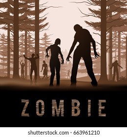 Zombie Walking out From Forest. Silhouettes Illustration for Halloween Poster