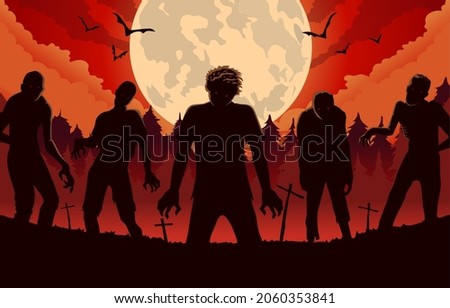 Zombie walking out from the grave at full moon night. Silhouettes illustration for Halloween and ghost. bat in the sky.