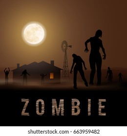 Zombie Walking out From House. Silhouettes Illustration for Halloween Poster