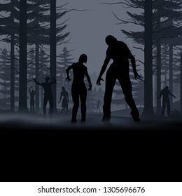 Zombie Walking out From Night Forest. Silhouettes Illustration for Halloween Creative Poster