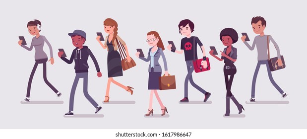 Zombie walking people, distracted pedestrians addicted to smartphone. Diverse group of peoples without attention to surroundings, focused upon phone app or talk. Vector flat style cartoon illustration