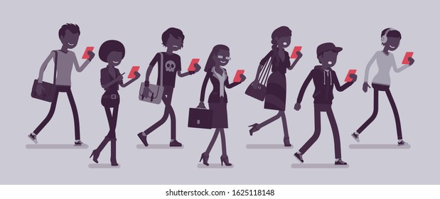 Zombie walking people, distracted pedestrians addicted to smartphone. Diverse group of peoples without attention to surroundings, focused upon phone app or talk. Vector illustration