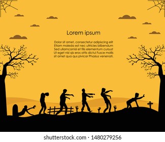 Zombie walking silhouette go Trick or Treat. Design template and web for banner, poster, greeting card. Vector illustration