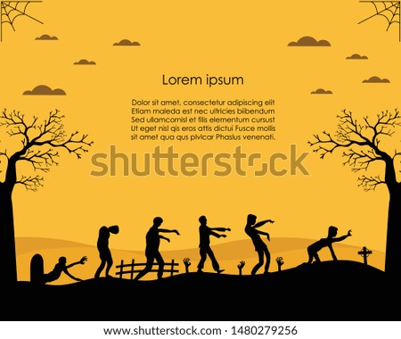 Zombie walking silhouette go Trick or Treat. Design template and web for banner, poster, greeting card. Vector illustration