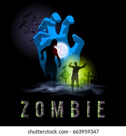 Zombie Walking Silhouettes out from Grave. Illustration for Halloween Poster