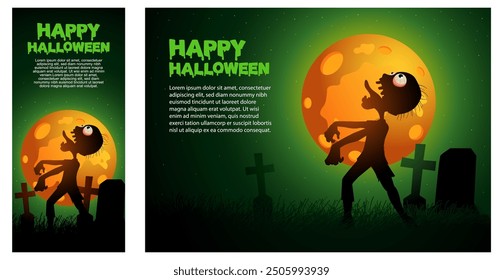 Zombie walking through a cemetery under a full moon, perfect for Halloween themed designs. Ideal for spooky greeting cards, party invitations, and digital medias