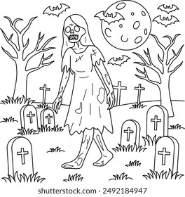 Zombie walking through a graveyard colouring. Halloween Outline Coloring Page