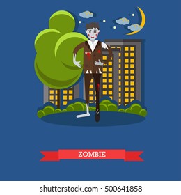 Zombie walks on a street. Happy halloween holiday concept poster. Vector illustration in flat style design.