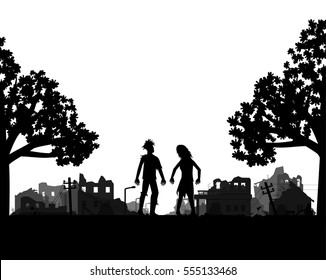 Zombie walks out of the woods into abandoned town, silhouette style, isolated on white background, vector. 