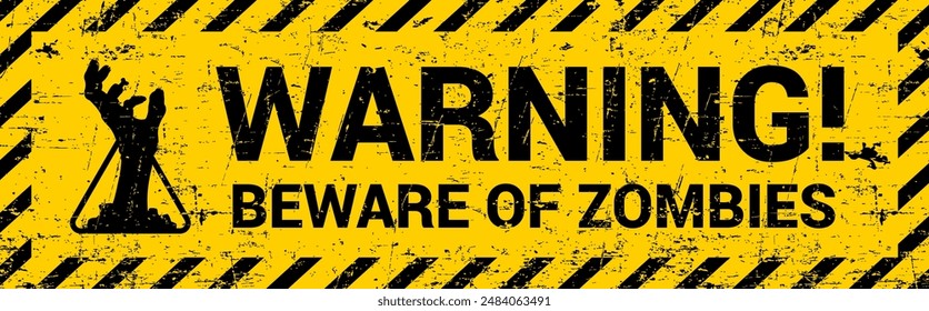 Zombie warning caution banner for Halloween horror night holiday, vector grunge background. Monster outbreak apocalypse yellow sign with zombie hand reaching out from ground for trick or treat party