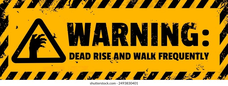 Zombie warning caution, Halloween monster apocalypse vector outbreak awareness banner with yellow background, black grungy typography and creepy hand of corpse emerging from the ground