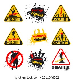 Zombie warning and caution sign vector cartoon symbols set isolated on a white background.