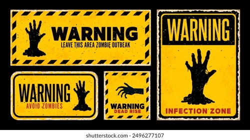 Zombie warning caution signs, Halloween holiday grunge banners of danger zone, vector set. zombie outbreak and monster apocalypse warning signs with undead hand reaching from grave for horror night