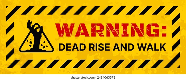 Zombie warning caution vector poster of Halloween horror holiday. Apocalypse warning, biohazard outbreak, dead monster attack beware sign with silhouette of zombie hand on grunge yellow background