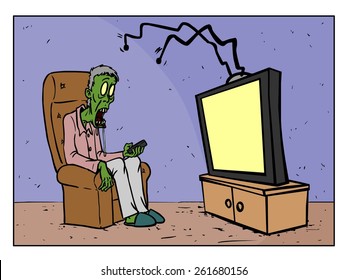 A zombie is watching a program, news, or show on TV.