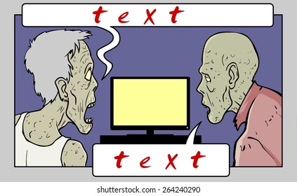 A zombie is watching a program, news, or show on TV.