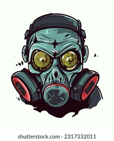 zombie wearing gas mask hand drawn logo design illustration