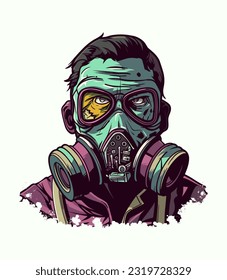 zombie wearing gas mask hand drawn logo design illustration