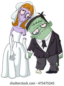 Zombie wedding.  Bride and groom holding hands.
