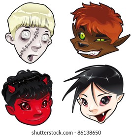 Zombie, Werewolf, Devil and Vampire. Cartoon and vector isolated characters.
