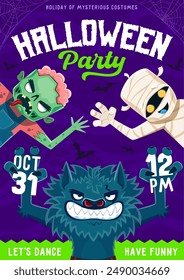 Zombie, werewolf and mummy on Halloween party flyer. Vector holiday invitation banner with funny cartoon monster characters invite for spooktacular costume party, filled with live music and eerie fun