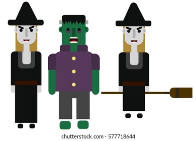 Zombie and witch isolated on white vector illustration.Witch on a broom. Flat illustration of zombie and witch.

