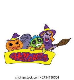 Zombie witch pumpkin and a tombstone over a poster that says Halloween. Vector design for banner, poster, greeting card, party invitation.