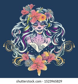 Zombie or witch woman with halloween sugar skull makeup in flower crown with lily flowers.