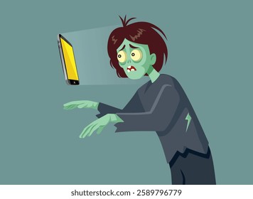 
Zombie Woman Being Manipulated with Smartphone Vector Cartoon Illustration. Person walking mindless being manipulated by the algorithms 
