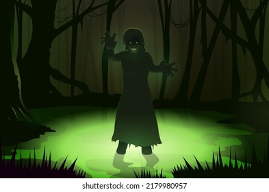 Zombie woman standing in the water of the green horror swamp and reaching hand in the front. Horror forest with swamp, silhouette background.