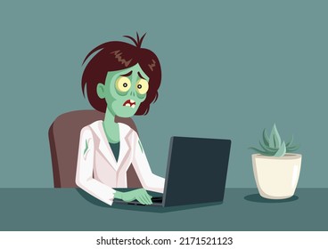 
Zombie Woman Working on a Computer Vector Cartoon. Tired corporate employee working overtime feeling burnout and dead inside 
