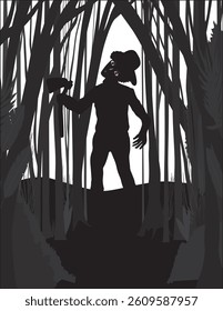 Zombie in Wood Forest Silhouette Halloween Vector