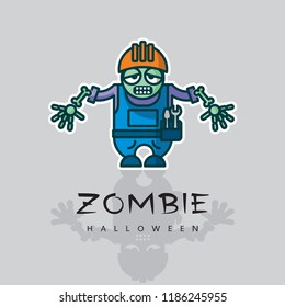 Zombie worker with helmet and skeleton hand - vector cartoon character. Cute graphic illustration of unusual workman - funny icon, original concept of Halloween.
