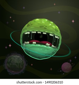 Zombie world. Cartoon fantasy monster planet with giant scary mouth on cosmic background. Funny enemy alien space element for game design.