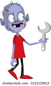 Zombie with wrench, illustration, vector on white background.
