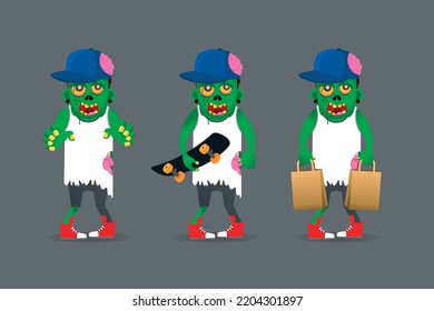 Zombie young boy set isolated on a grey background. Zombie boy cartoon style. Vector illustration