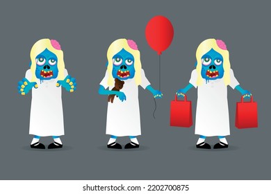 Zombie young girl set isolated on a grey background. Zombie girl cartoon style. Vector illustration