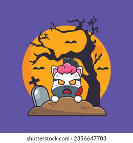 Zombie zebra rise from graveyard in halloween day. Cute halloween cartoon illustration. 