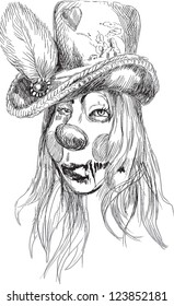 Zombie Zen, crazy mistress in clown mask. Hand drawing accurately converted to vector, outlines in black and gray colors. Hi-Res vector.
